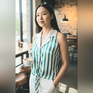 Victoria Secret Green and White Striped Sleeveless Blouse